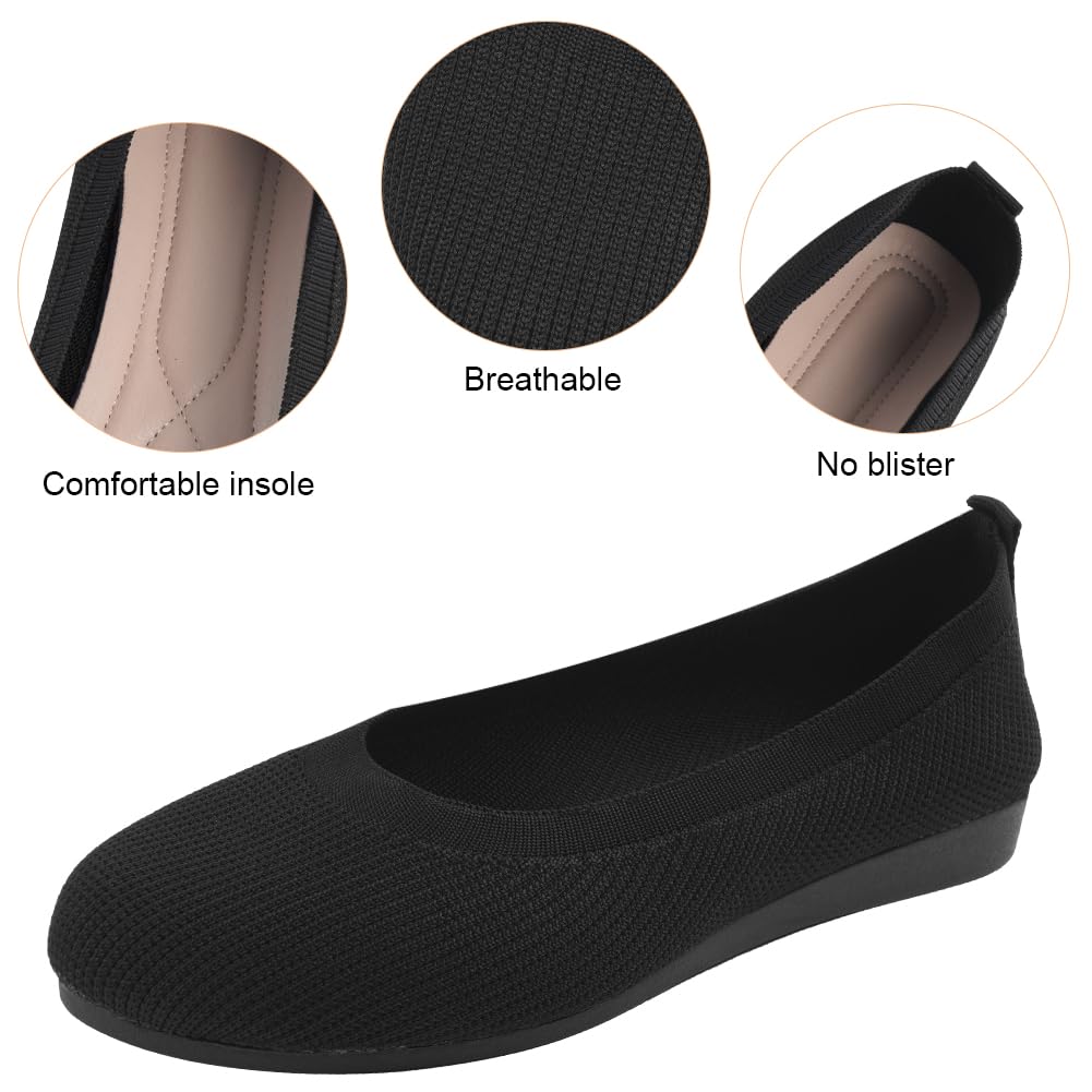 OFFCUP Damskie płaskie buty o szerokiej szerokości, dzianinowe buty baletowe, czarne, na co dzień, miękkie, oddychające, okrągłe, balerinowe, płaskie, odpowiednie na zakupy, imprezy, do pracy i na