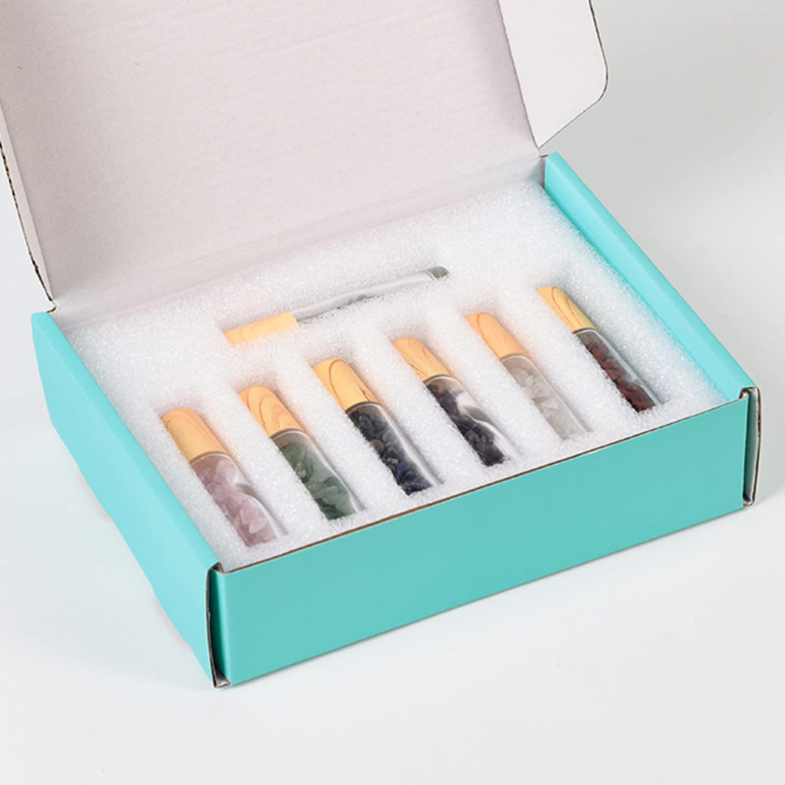 Botella de Aceite Esencial 10 ml, Botella de Viaje Envases Cosméticos, Gema Roll on Botella, Botellas con Rodillo para Cosméticos Recargables, Chips de Cristal Curativo en el Interior, 7 Pcs