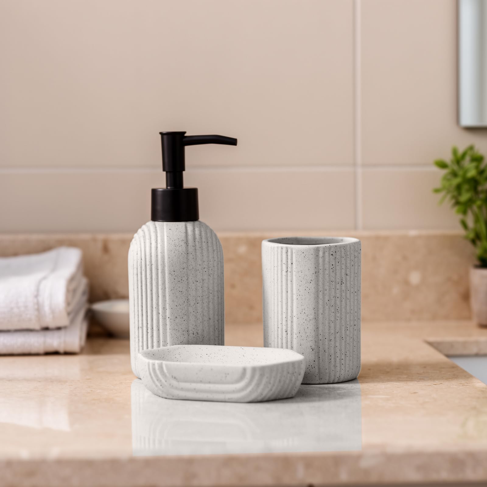 GC GAVENO CAVAILIA Bathroom Accessories Sets Complete 3-Piece Dish Soap Dispenser, Toothbrush Holder Cup, Soap Dish | Ribbed Soap Dispenser Bath Room Accessory, Silver