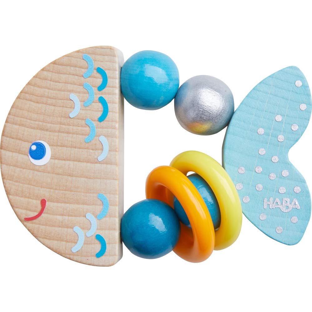HABA Rattlefish Wooden Baby Rattle with Plastic Rings, Sensory Toys 6-12 Months & Grasping Toy for Babies, Made in Germany