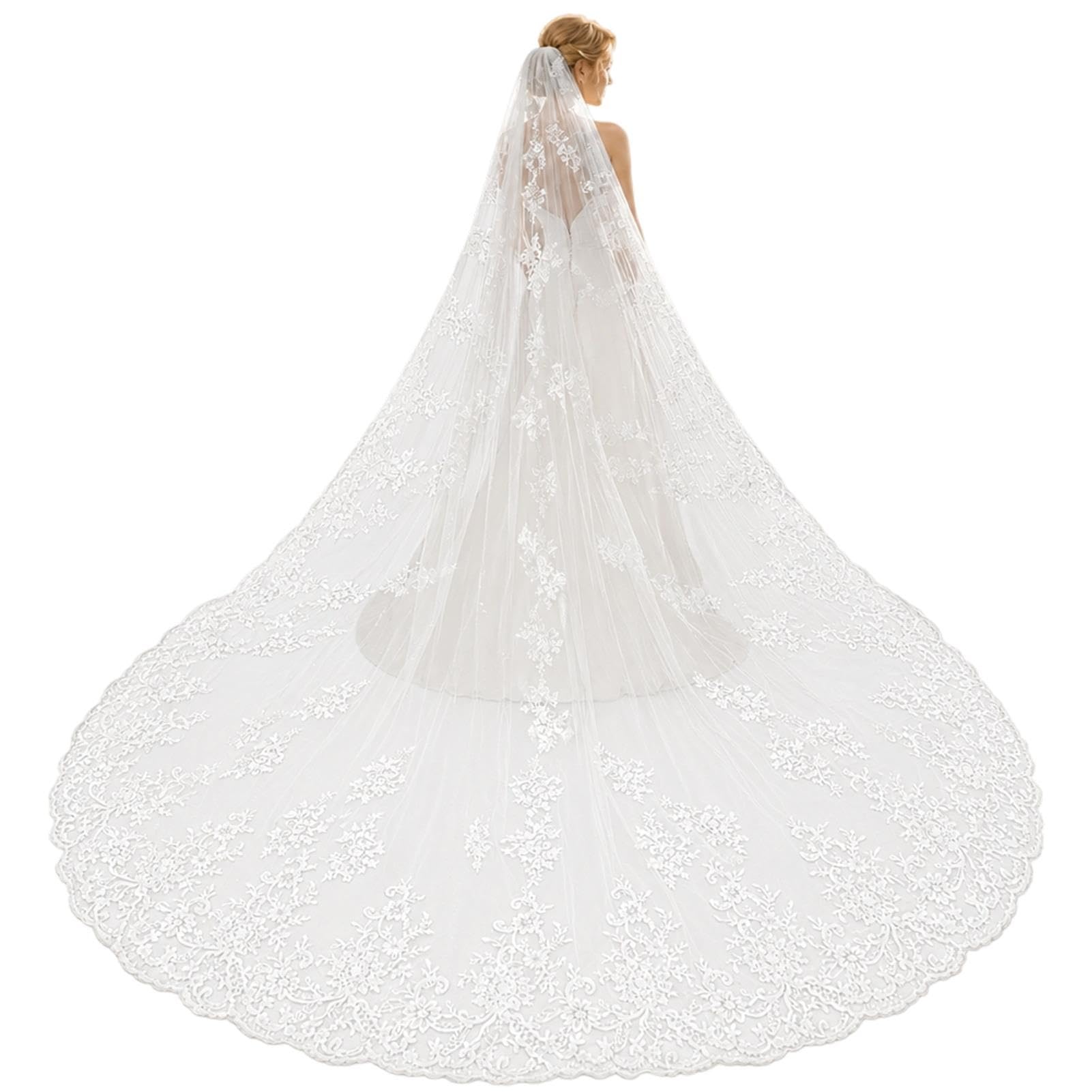 Velo da Sposa Lussuoso, Velo da Sposa in Pizzo Extra Lungo, Largo 300 Cm, Stile Chiesa, Colore Avorio, con Pettinino per Capelli, Adatto A Spose E Ragazze(400x300cm)
