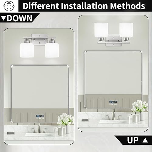 Miniatura 4 de Lámpara de baño de níquel cepillado, 2 luces de tocador de baño de níquel cepillado, lámpara de tocador con pantallas de vidrio esmerilado blanco