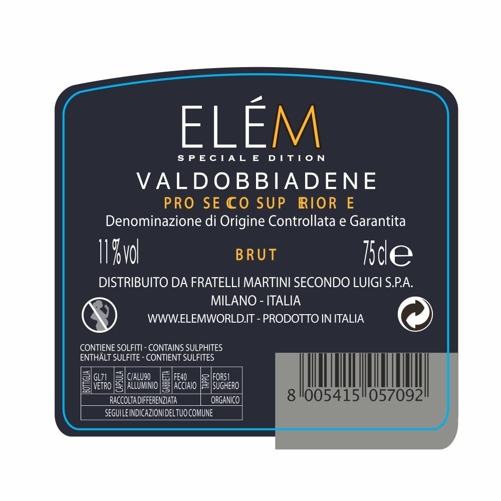 ELÈM Prosecco Valdobbiadene DOCG Superiore + 2 Bicchieri Premium Pack 1 X 750 ml