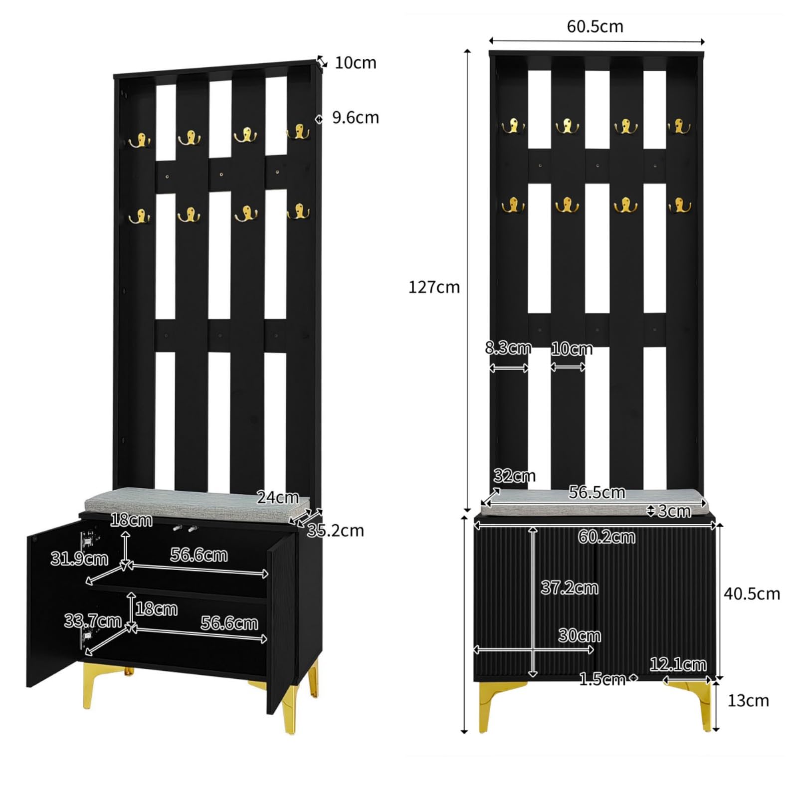 KOMHTOM Vestiaire d'entrée avec Crochets et Banc à Chaussures Casier vestiaire avec Armoire à Chaussures, Meubles pour entrée Modernes (A-Noir)