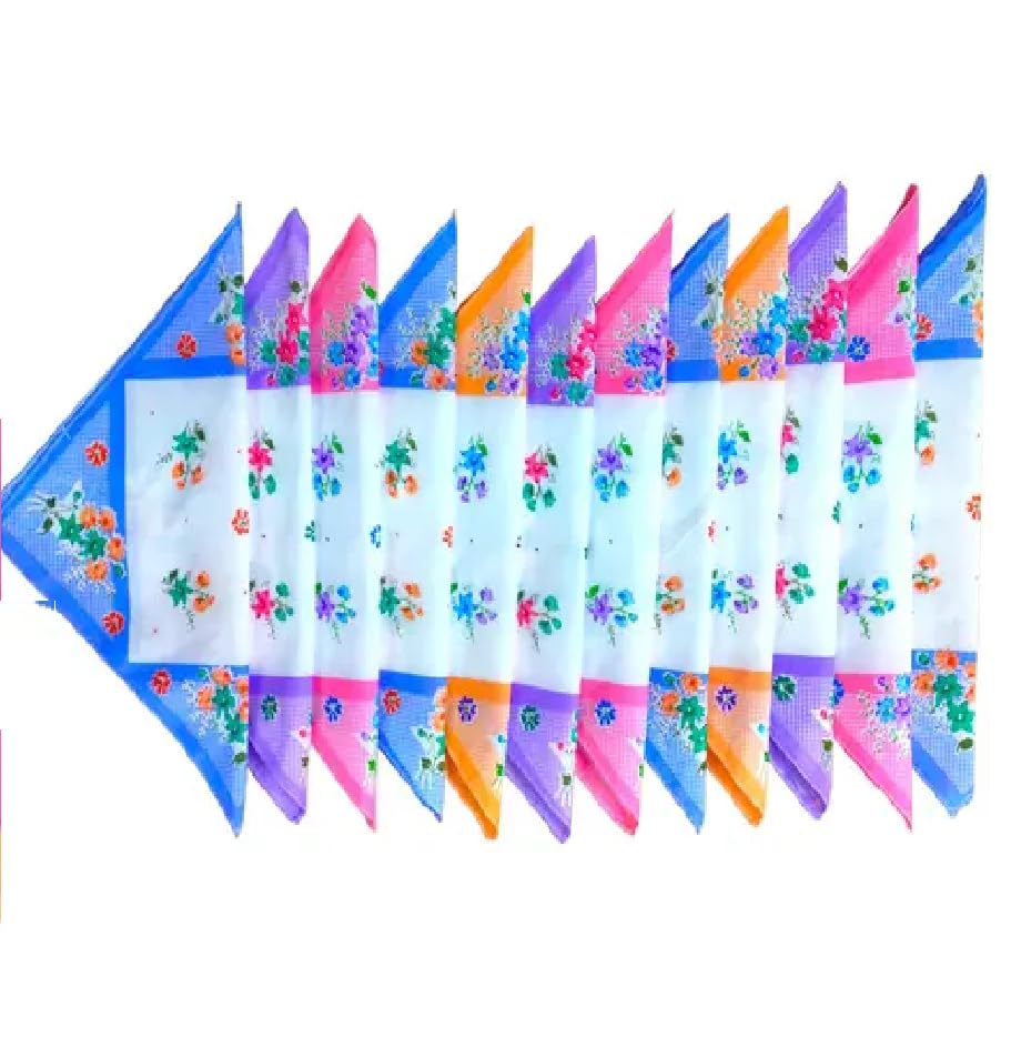Pack Of 12 Set Premium Collection100% Cotton Women's Soft Cotton Floral Handkerchiefs Hankies for Girls Multidesigns Hany Ladies Rumal For Girls & Women-image-17