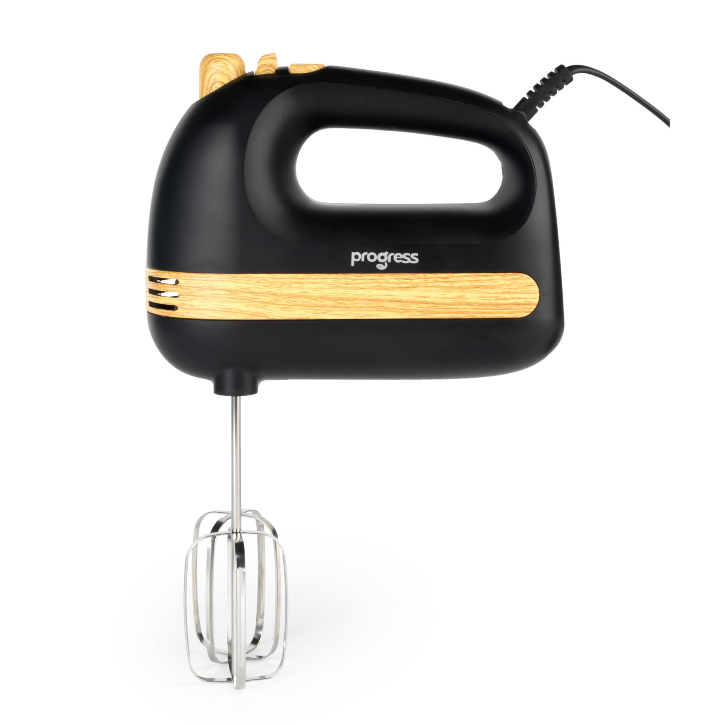 Progress Skara Hand Mixer - 5 Speed Settings & Turbo Function, Stainless Steel Attachments, Mixing Beater & Dough Hooks, Blender, Cakes, Cookies, Bread, Black & Wooden Accents, 400W