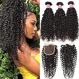 Klaiyi Hair 10A Brazilian Curly Virgin Hair Weave 3-pack Bundles with 4X4 Lace Closure Human hair extensions Natural Color(14 16 18+12Free Part Closure)
