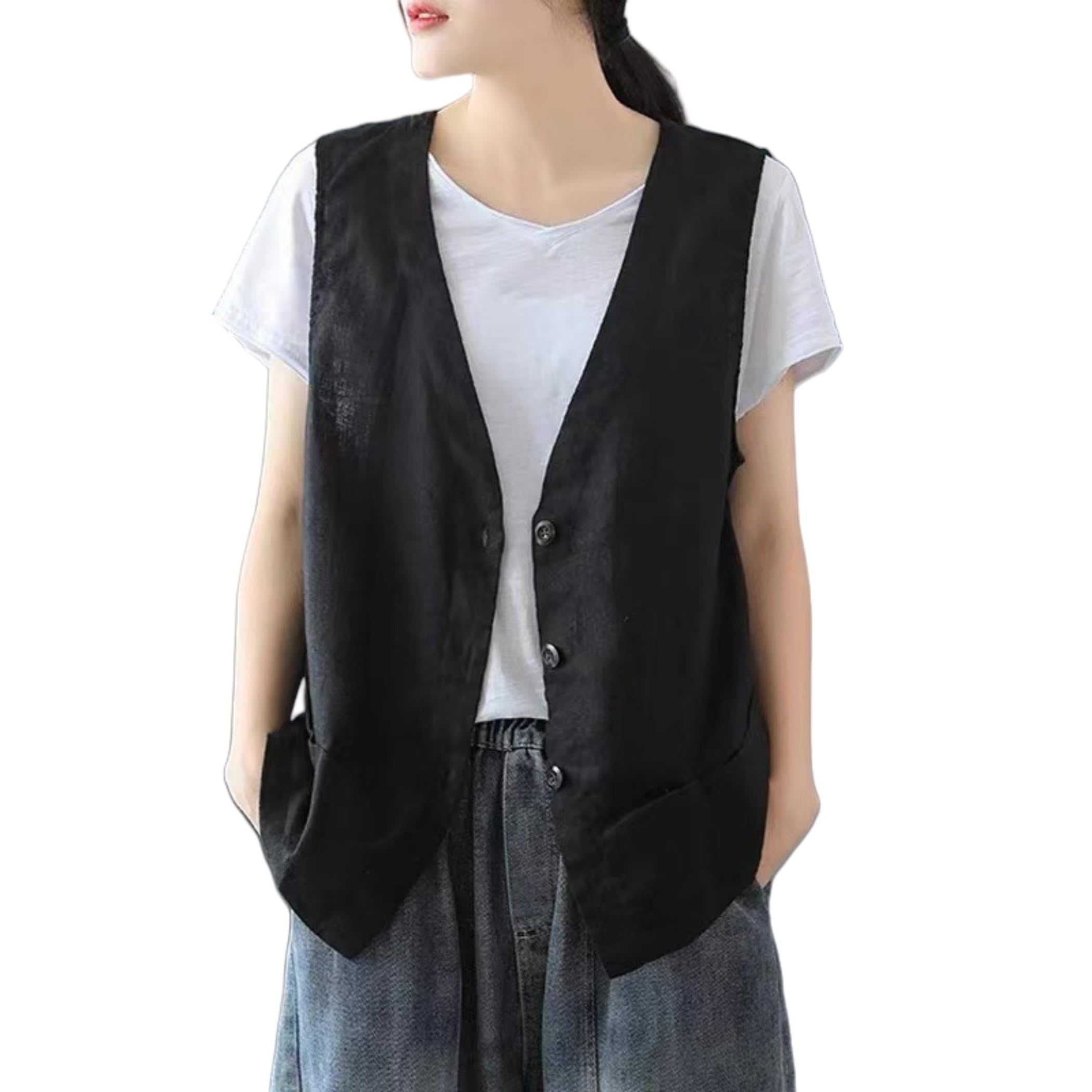 Womens Linen Vest Sleeveless Blazer Cardigan Lightweight Linen Suit Top for Work Trendy Casual Fashion Outfits