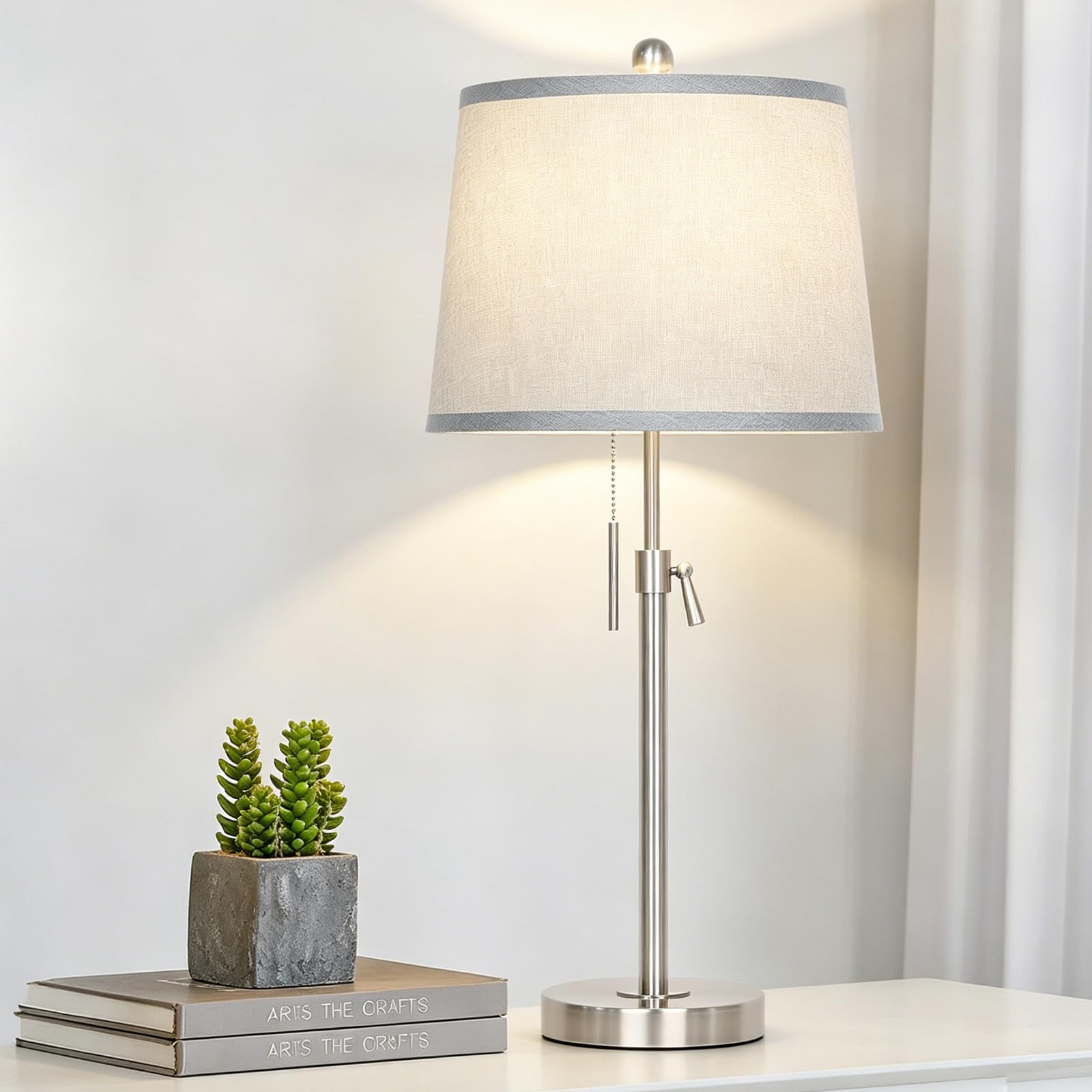 JUNNAI Bedside Lamps, 56-76CM Height Adjustable,Tall Table Lamp for Nightstand/Bedroom/Living Room/Study Room, 3 Colors Temperature,Fabric Lampshade,E27 Socket,9W Bulb Included, Silver