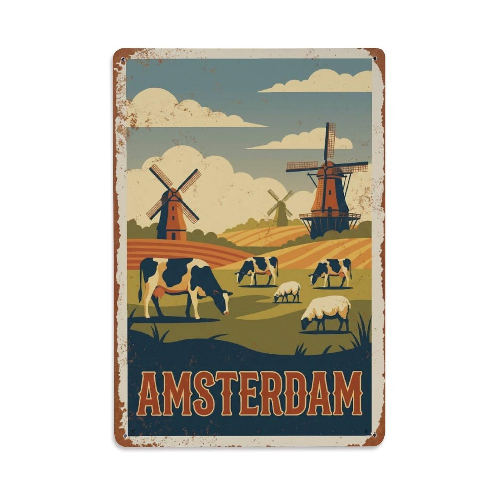 Okngb Style Pasture Landscape Retro Countryside Amsterdam Travel Metal Tin Sign Plaque Wall Decor For Cafe, Man Cave, Club Bar, Office, Home Garden Round Metal Poster 8X12inch
