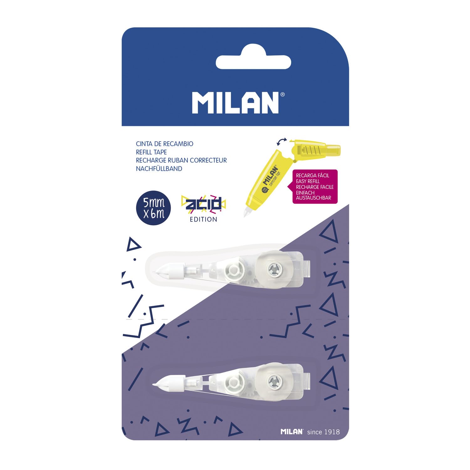 MILAN® Blister pack of 2 refills correction tape with push button 5 mm x 6 m series Acid