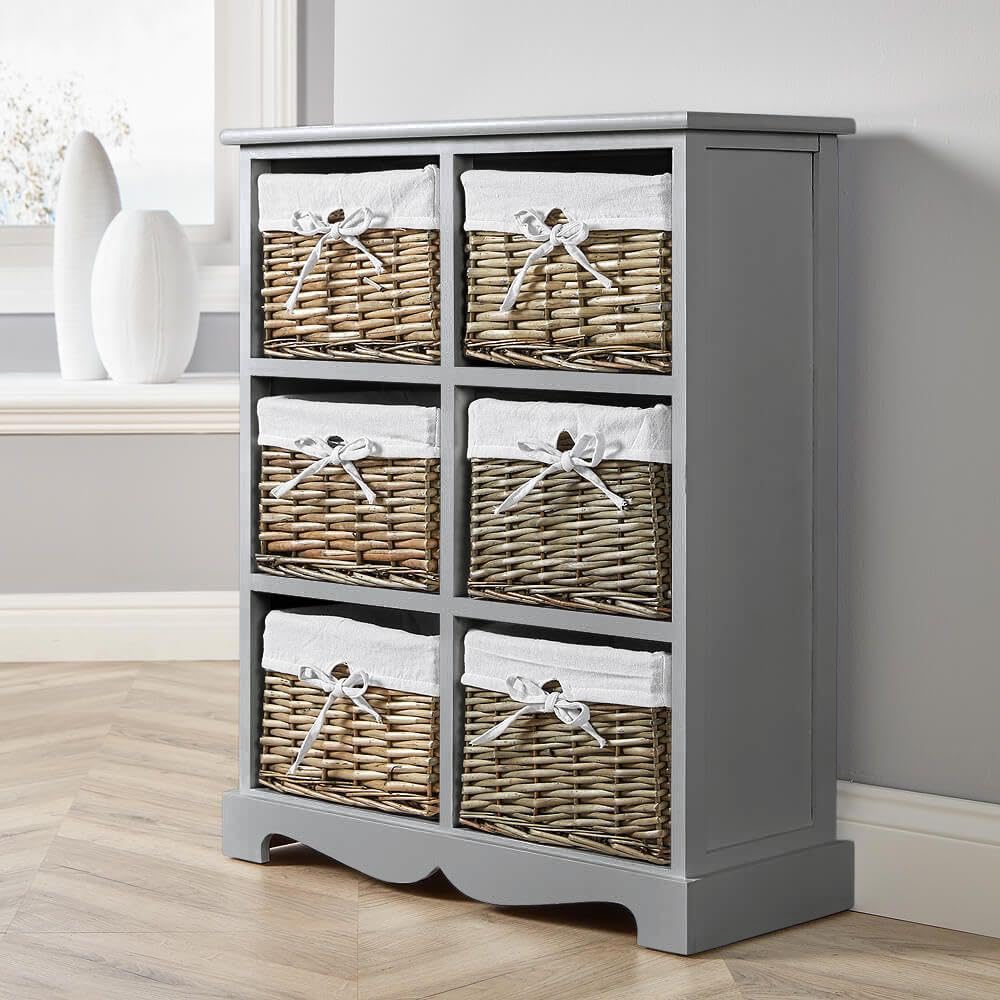 Home Source Lichfield 6 Wicker Basket Drawer Chest - Wood - Grey