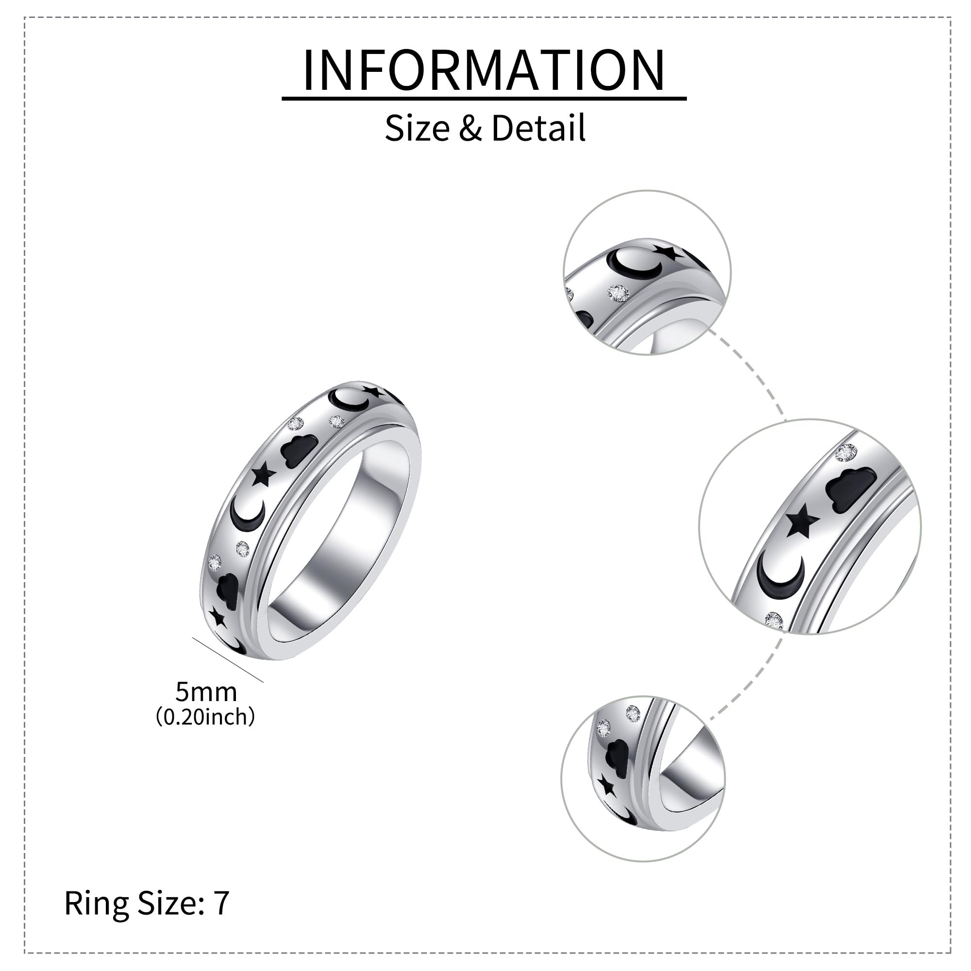 URONE Zappelring aus 925er Sterlingsilber Mond- und Sternring für Frauen Angst-Spinner-Ring Zappelschmuck Geschenke für Frauen und Männer