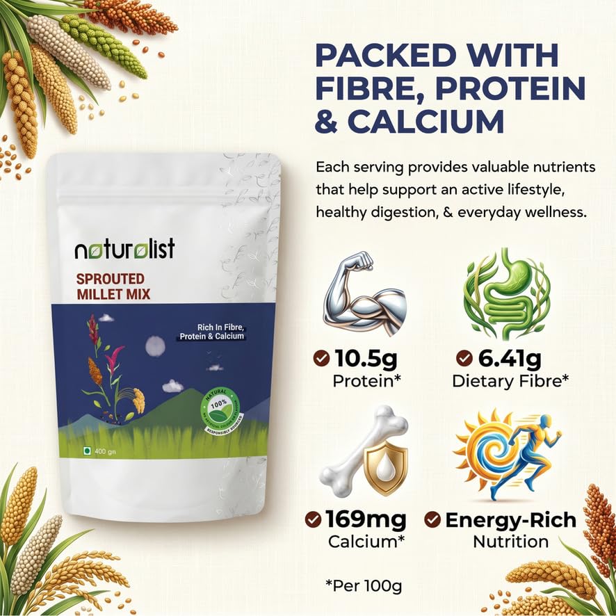 Image of Naturalist Sprouted Millet Mix - 400g | 5-Grain Multigrain Flour | Ragi Jowar Bajra Foxtail Little Millet | Gluten Free | Rich in Fibre Protein Iron | Stone Ground Cold Milled | No Preservatives | Healthy Roti Dosa Porridge Mix