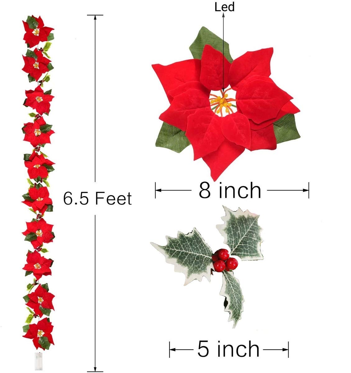 Künstliche Weihnachtsstern Lichtschnur 40LED Rote Beeren Ahornblatt Rebe Fee Girlande Licht Blumenpflanze Weinkranz Lampe Batterie Angetrieben(Rot Poinsettia-LED, 4 Sätze)
