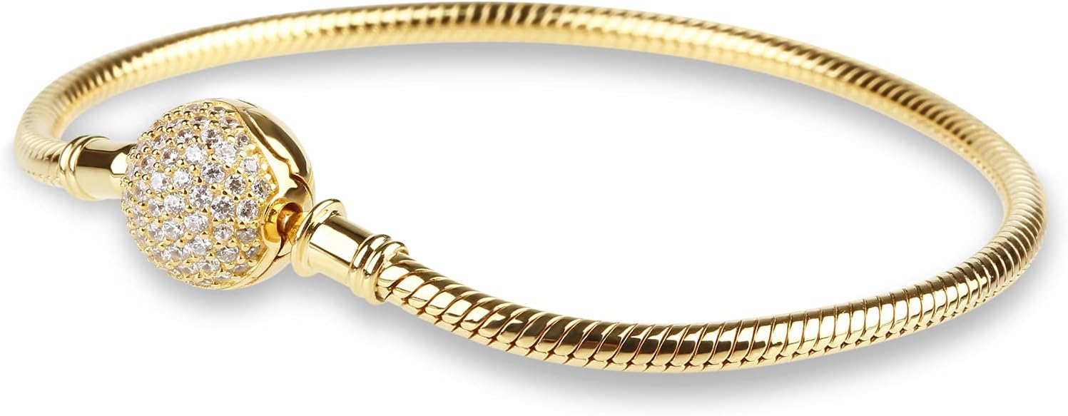 GNOCE Charm Bracelet Sterling Silver Rose Gold Plated DIY Snake Chain Endearing Gifts for Her Basic Charm Bracelet Dainty Bangle with Crystal Round Shape Clasp