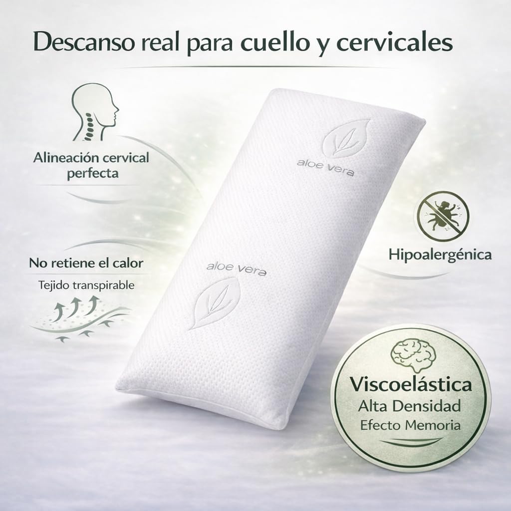 Almohada Viscoelástica 150cm Aloe Vera de Núcleo Compacto Indeformable – Almohada 150 Ergonómica de Alta Densidad para Dormir de Lado y Boca Arriba, Doble Funda Antialérgica Transpirable, OEKO-TEX