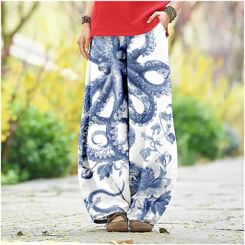 ZOCAVIA Boho Floral Lantern Pants for Women Summer Baggy Japanese Style Wide Leg Pants Elastic Hippie Trouser with Pockets