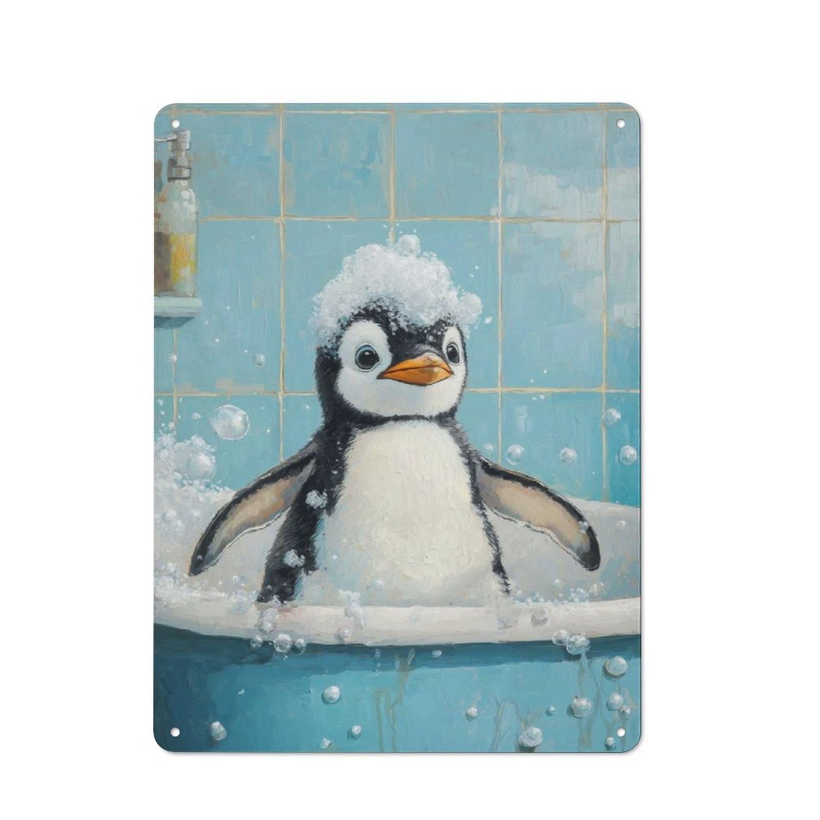 Junmoney Style-22 Penguin Bath Time Industrial Metal Wall Decor 40X30cm, Retro Metal Sign For Workshop, Basement, Shed Or Games Room