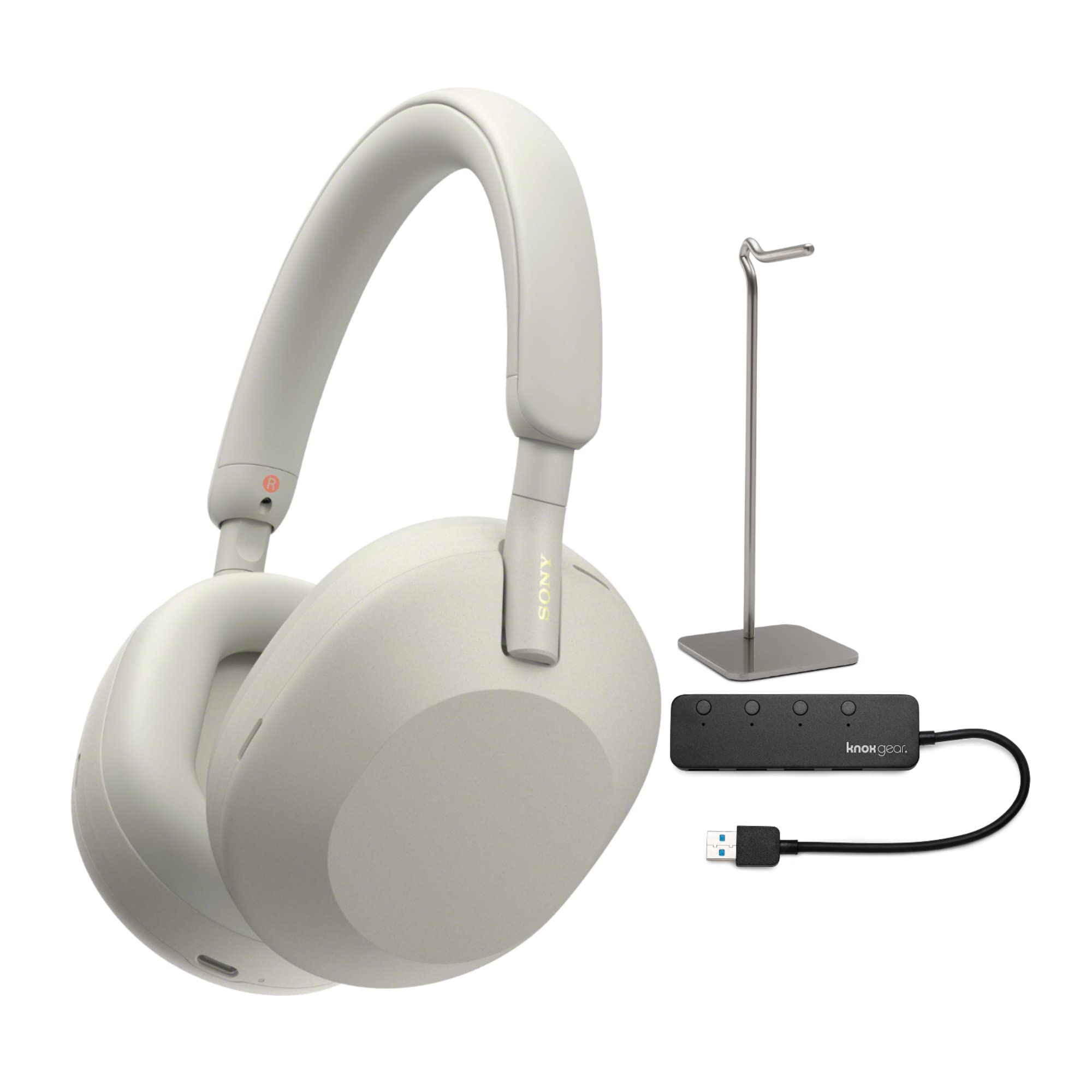 Sony WH-1000XM5 Wireless Noise Canceling Over-Ear Headphones (Silver) with  Knox Gear 4-Port USB 3.0 Hub and Alloy Headphone Stand Bundle (3 Items)