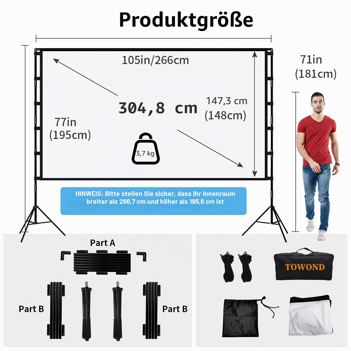 TOWOND Projektor-Leinwand und Ständer, 120 Zoll tragbare Projektionsleinwand für drinnen und draußen, 16:9, 4K HD, faltenfrei, leichte Filmleinwand mit Tragetasche für Hinterhof-Filmabend
