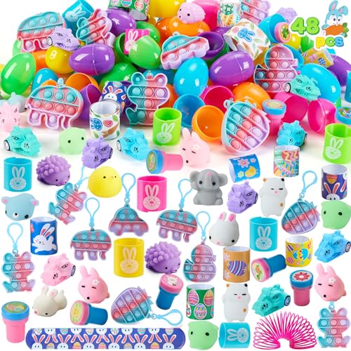 JOYIN Lot de 48 œufs de Pâques pré-remplis avec différents œufs de Pâques en plastique, jouets anti-stress pour remplir les paniers de Pâques, les cadeaux de...