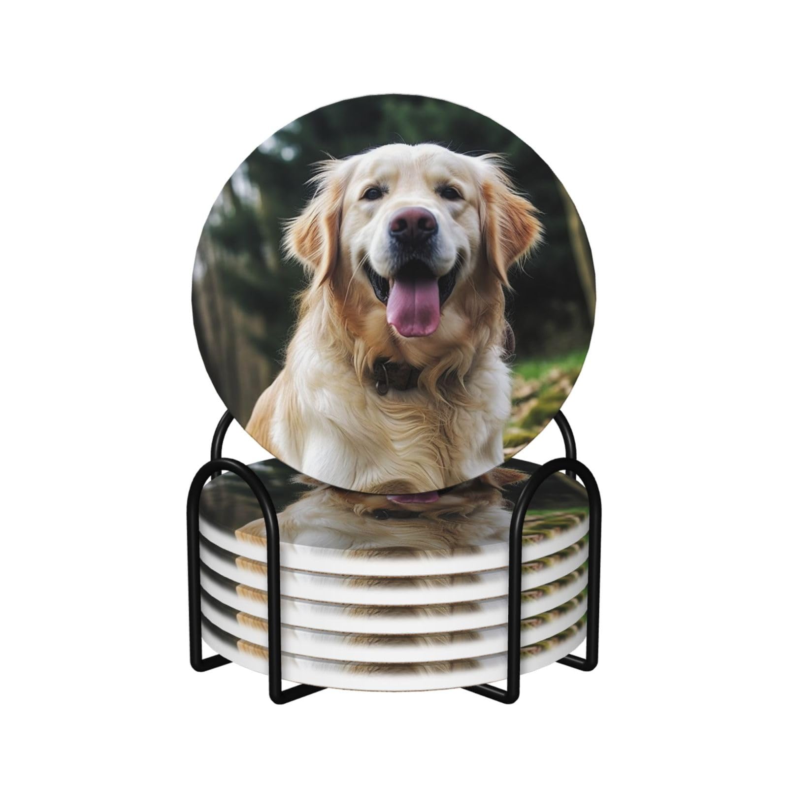 6Pcs Ceramics Coaster for Drinks, Funny Golden Retriever Cup Coasters with Holder, Aesthetic Drink Coasters for Coffee Table, Absorbent Round Coaster for Tabletop Protection 4" Cup Mat Pad