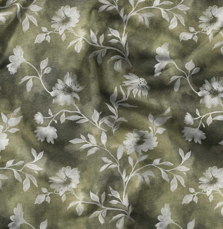 Soimoi Heavyweight Cotton Poplin Fabric Material, Green - Floral Printed - 42" Inch Width, Natural Cotton Material For Quilt Making, Dresses, Skirts, Pajamas, Pillowcases, Tablecloths, Kurtis, 1 Meter