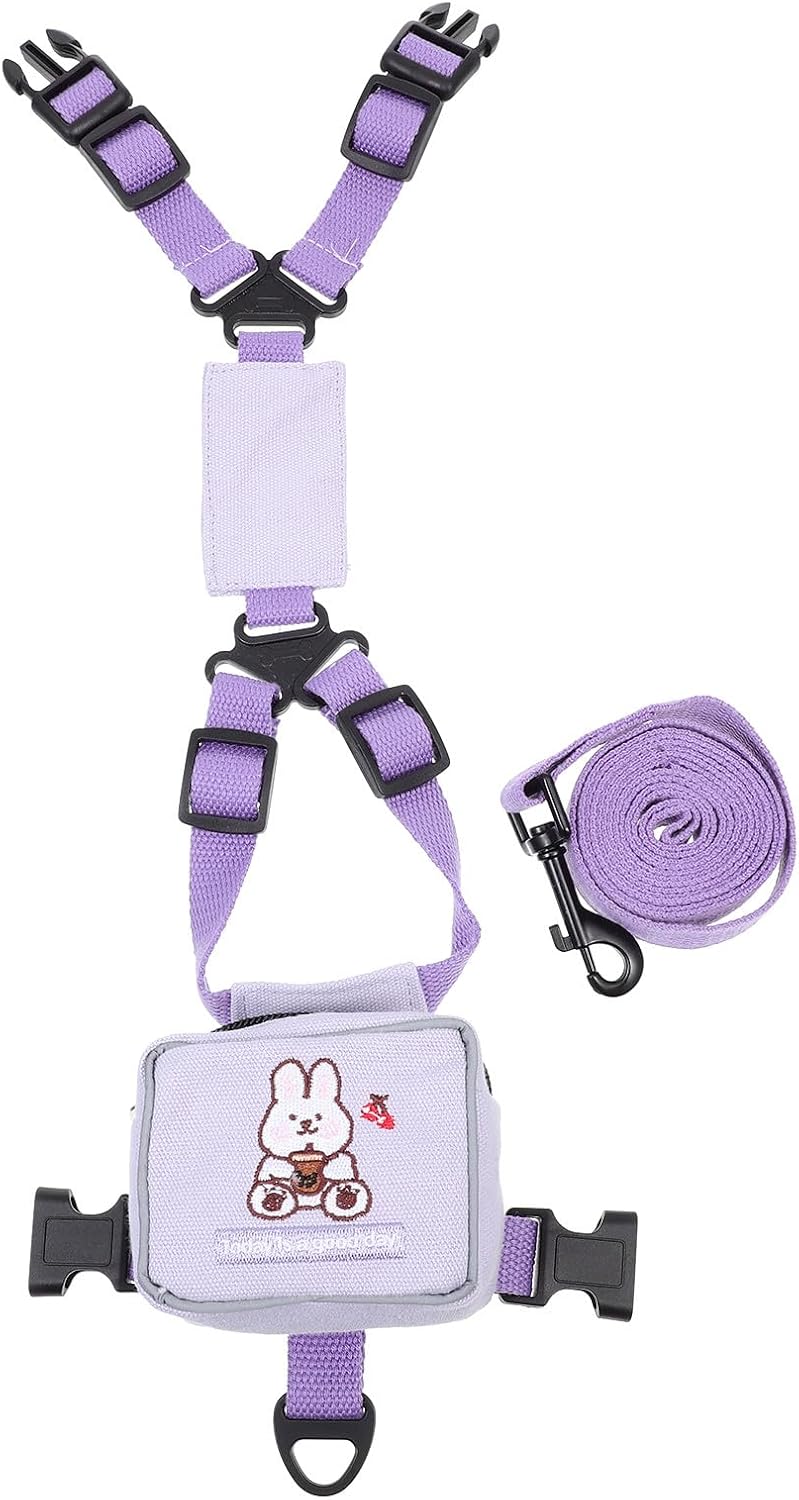 Vest Style Cat Harness Leash Backpack, Soft Adjustable M Size (7-15 Lbs), Purple Rabbit Design, Lightweight Pet Supply for Outdoor Walking and Travel