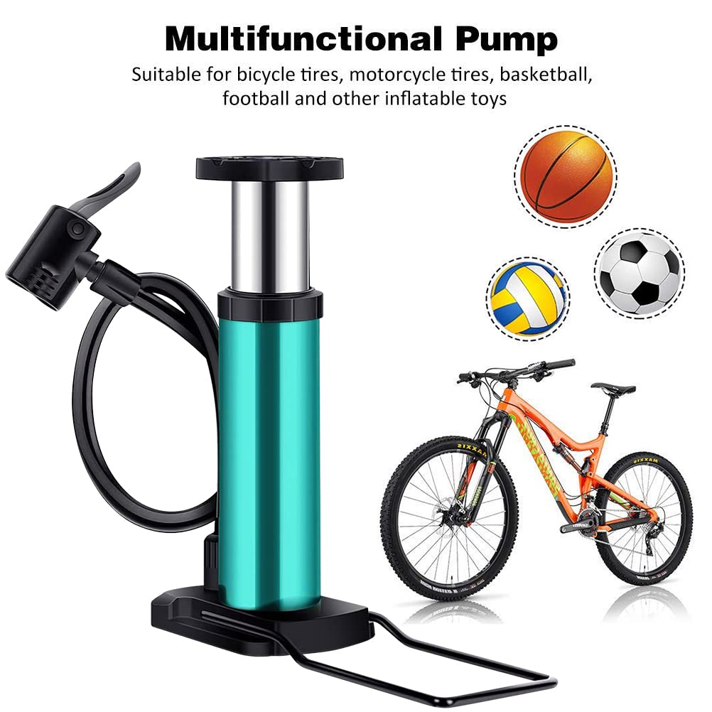 Bike Pump, Mini Bicycle Pump Portable Bike Floor Pump with Presta and Schrader Valves Aluminum Alloy Floor Bicycle Air Pump Compact Mini Bike Tire Pump, Extra Valve and Gas Needle for All Bike -Blue
