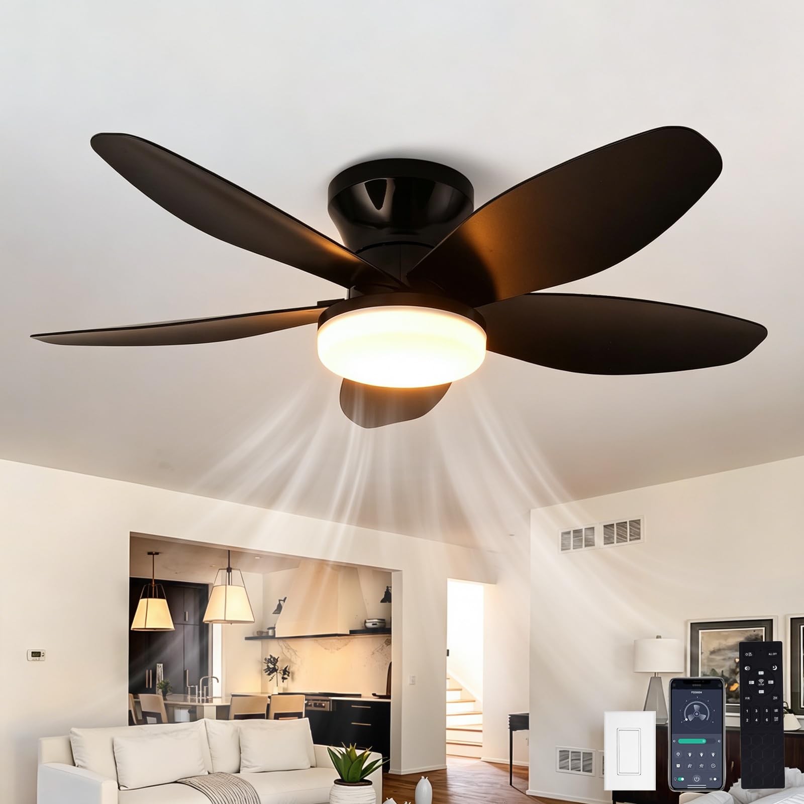 SXDMOUBK 36 Inch Dimmable LED Ceiling Fan,Reversible,Timer,6 Speeds & Timer Ultra-Quiet,Ceiling Fans with Lights and Remote,Dimmable Smart Ceiling Fan for Bedroom Kitchen Dining Room