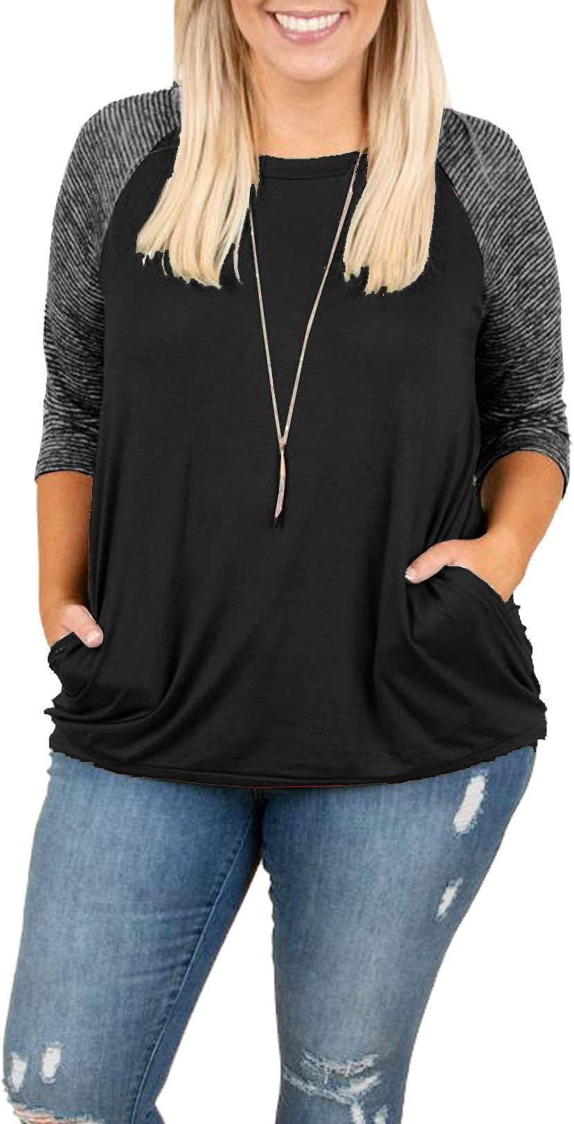 Womens Tops Plus Size Raglan Shirt 3/4 Sleeve Short Sleeve Striped Crew Neck Tshirt Tunic with Pockets