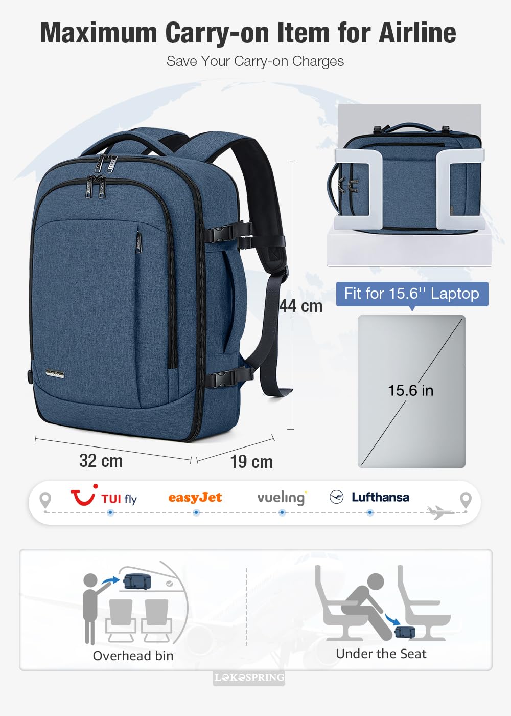 Lekespring Zaino Ryanair 40x20x25 - Zaino da Viaggio Aereo Bagaglio a Mano per Donne e Uomini, Bagaglio a Mano 40x20x25 Ryanair, Borsa Cabina con 6 Sacchetti Organizzatori per Scuola D'affari Casual