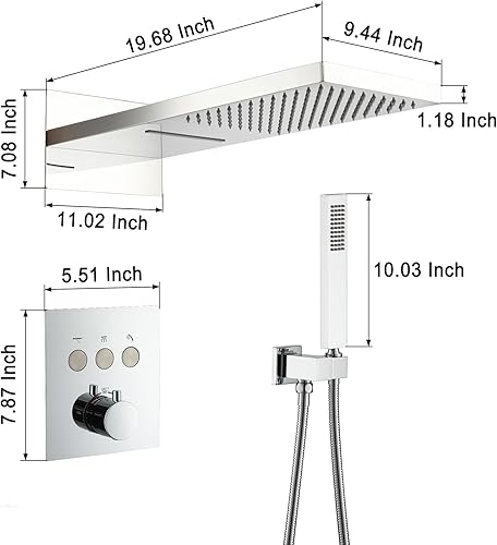 Miniatura 6 de CASAINC Cabezal de ducha de lluvia de 20 pulgadas con mano, sistema de ducha termostático montado en la pared, juego completo de grifos de ducha de