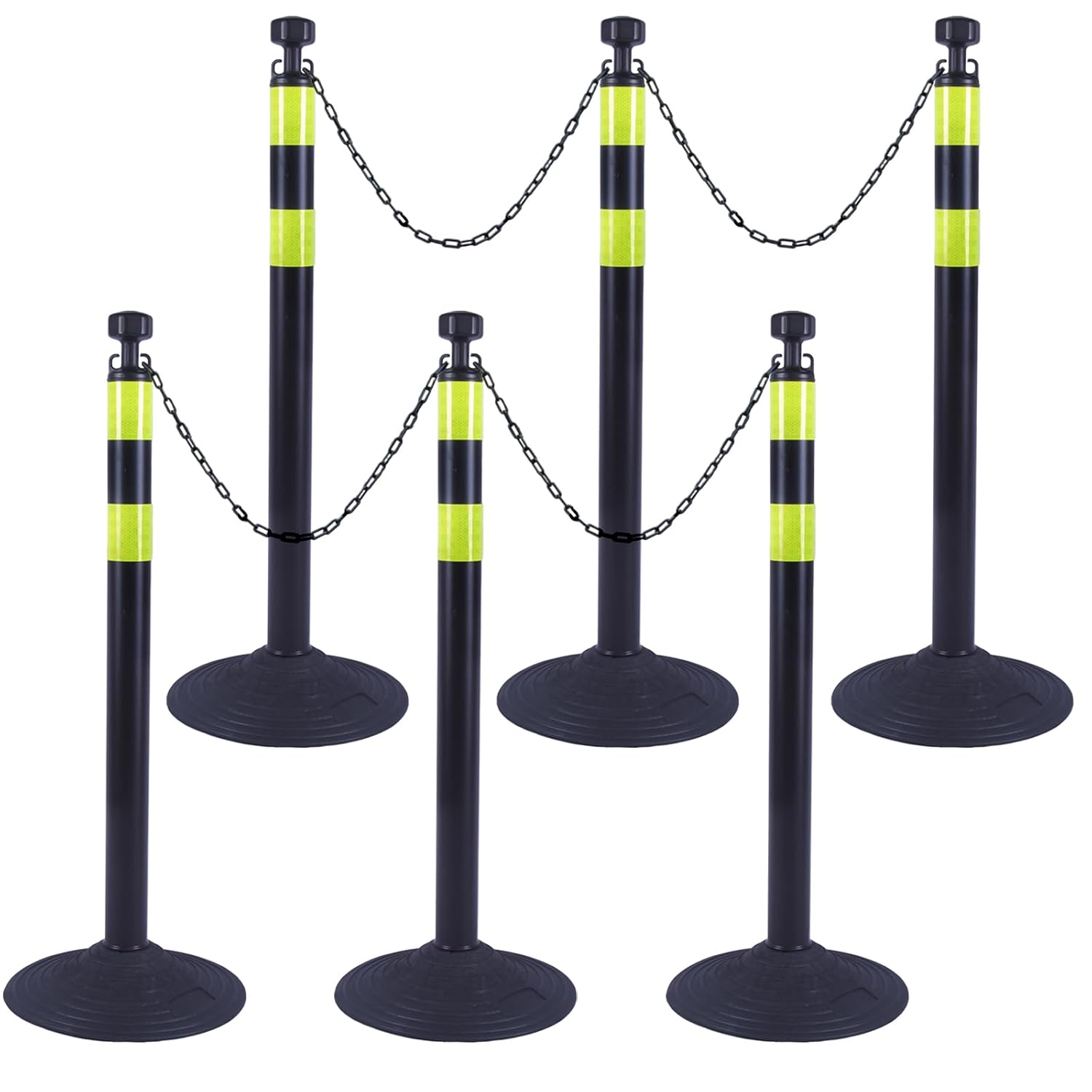 6 Pack 39 Inch Black Traffic Delineator Posts with 2 Green Reflective Stripes, Safety Posts Cones with 6.6 Feet Chains and 14 Inch Rubber Base for Road Safety,Parking Lot (Black) Heavy Rubber Base Black