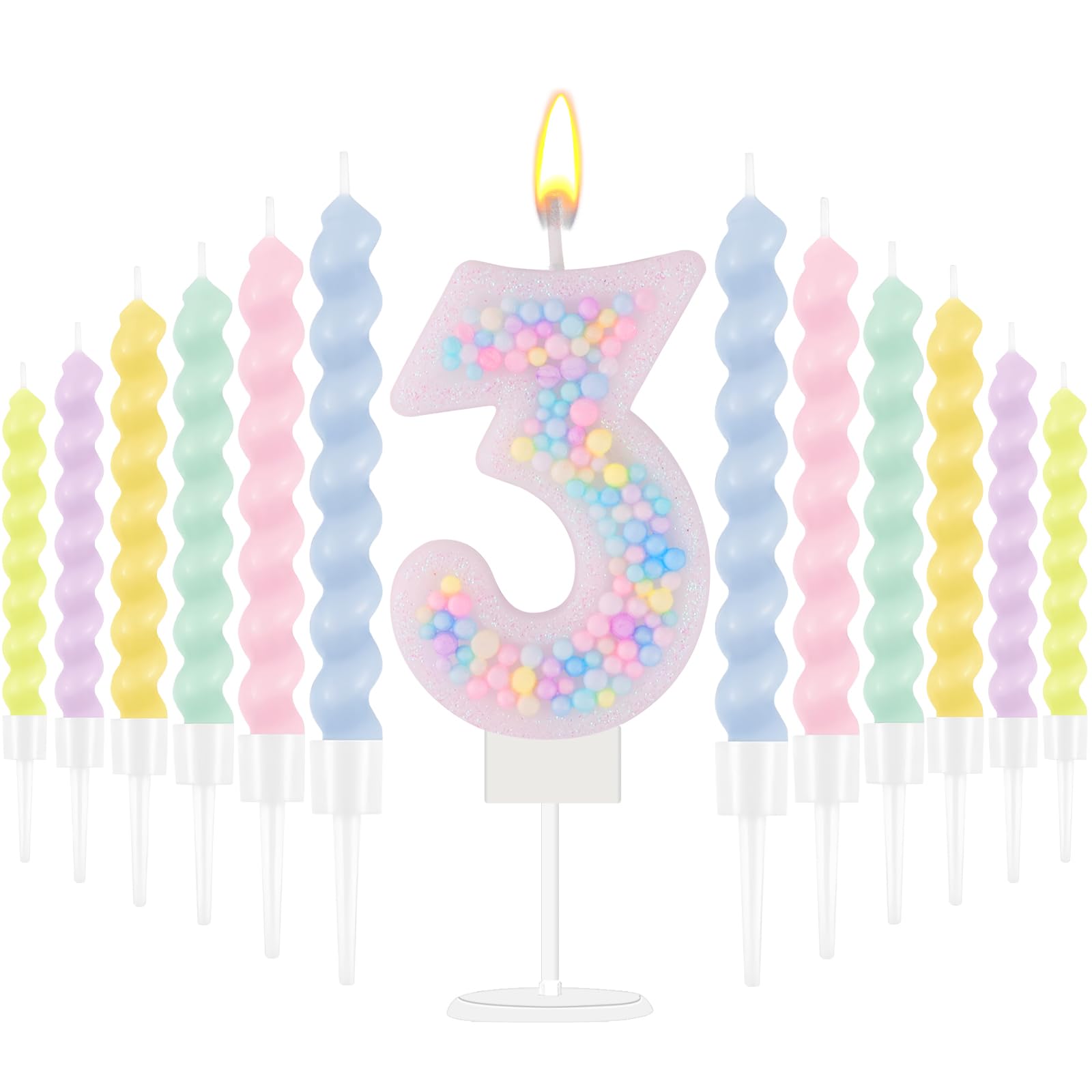 Rainbow Number 3 Birthday Candle 3D Macaron Glitter Number 3 Candle Pastel Pink Birthday Cake Candles with 12 Pcs Long Spiral Cake Candles for Girls