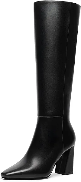Meolee Knee High Boots for Women Square Toe Chunky High Heel Tall Boots Fashion Long Boots with Side Zipper