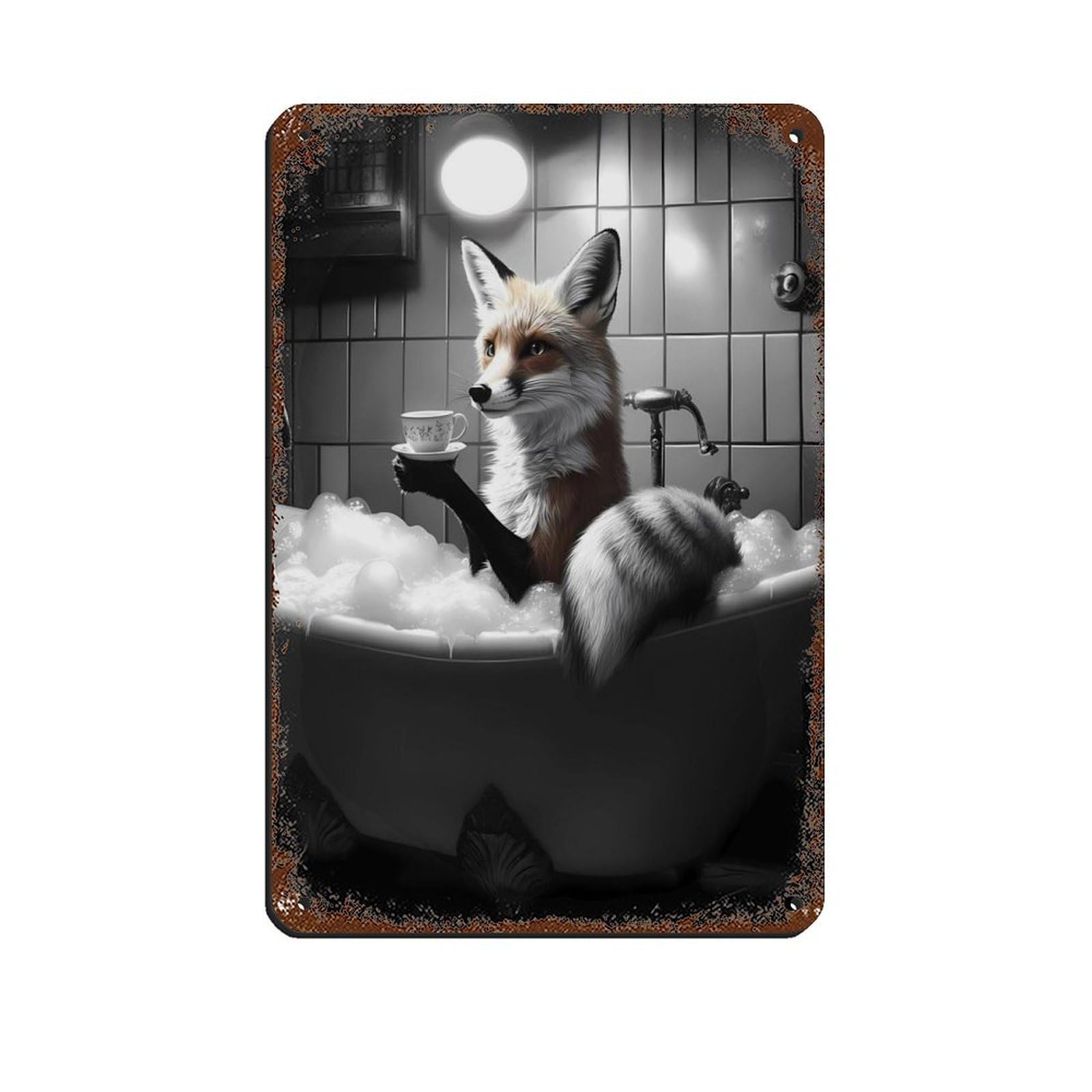 Cute Fox in Bathtub, Adorable Animal Retro Poster Metal Tin Sign Chic Art Retro Iron Painting Bar People Cave Cafe Family Garage Poster Wall Decoration 8x12inch(20x30cm)