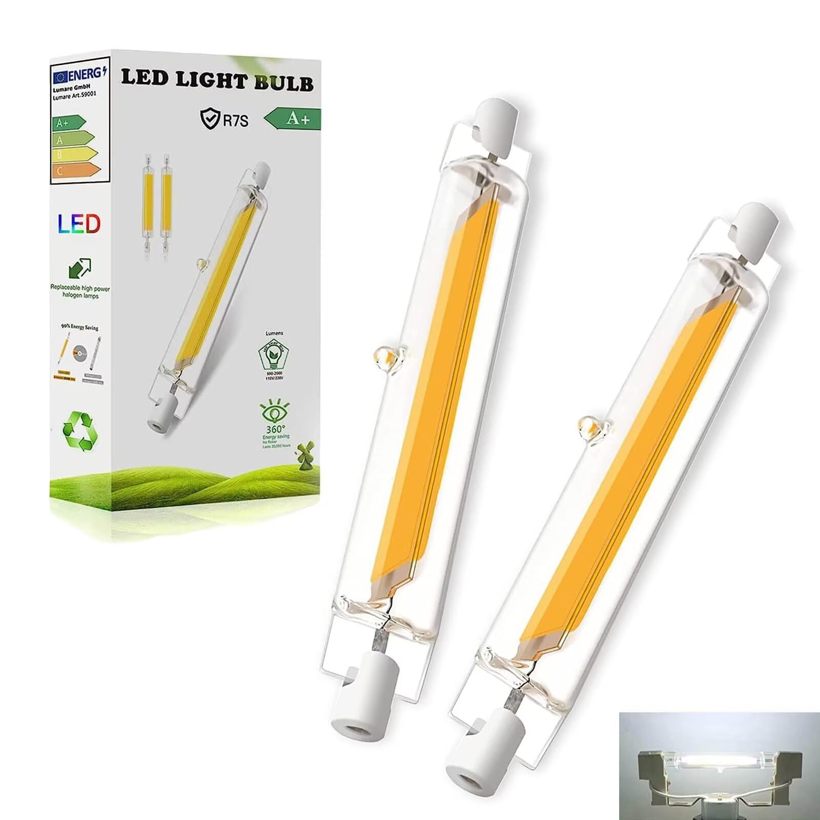 R7S LED Light Bulb 118mm 20W Dimmable, R7S LED Bulb 118mm COB Double Ended Reflector Linear Lamp Replacement J118 200W LED Halogen Lamp, Cool White 6000K, 2000LM, 360° Beam Angle, 2 Pack