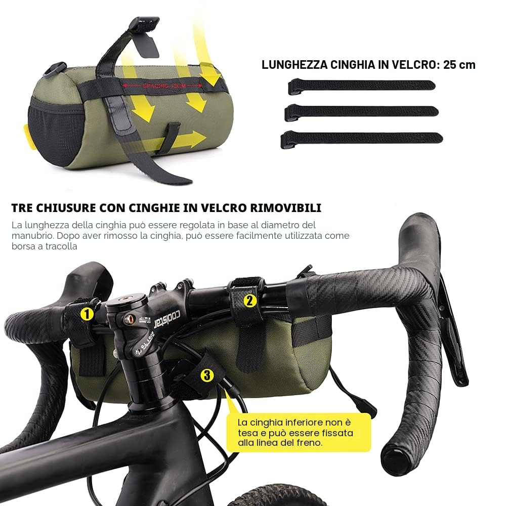 Rhinowalk, Borsa da manubrio a rullo per bicicletta, con tracolla, un accessorio da ciclismo professionale per bici da strada, da città e mountain bike, verde