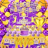 Basketball Party Decorations, 137PCS Basketball Birthday Party Decorations Purple and Yellow Balloons Arch Kit, Basket ball Theme Supplies Backdrop Tablecloth Banners Cake Toppers for Sports