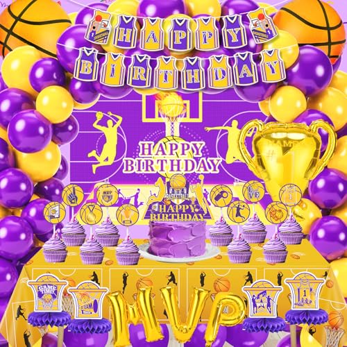 Basketball Party Decorations 137PCS Basketball Birthday Party Decorations Purple and Yellow Balloons Arch Kit Basket ball Theme Supplies Backdrop Tablecloth Banners Cake Toppers for Sports