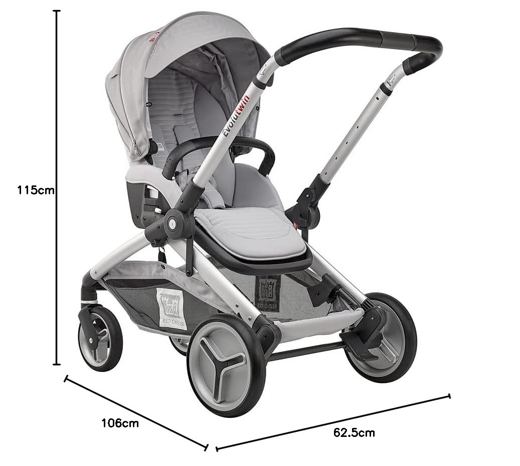 RED CASTLE, Passeggino Gemelli/Tandem/Doppio, Dalla Nascita, Sedili Reversibili/Schienale 3 Posizioni, Grande Cesto Portaoggetti, Sedia Regolabile, Modulare, Evolutwin, Grigio