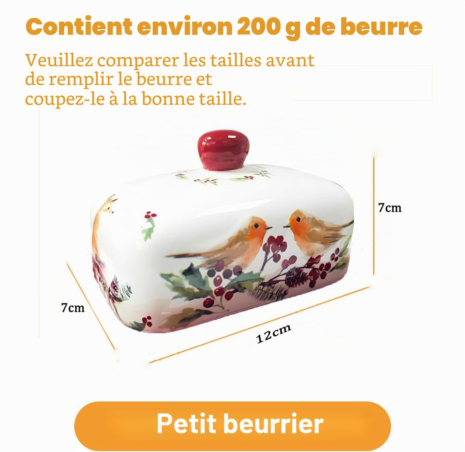 Beurrier en céramique - Porcelaine de qualité - Poignée rouge - Motif d'oiseau coloré - Paroi épaisse - Passe au lave-vaisselle (rouge, 3)