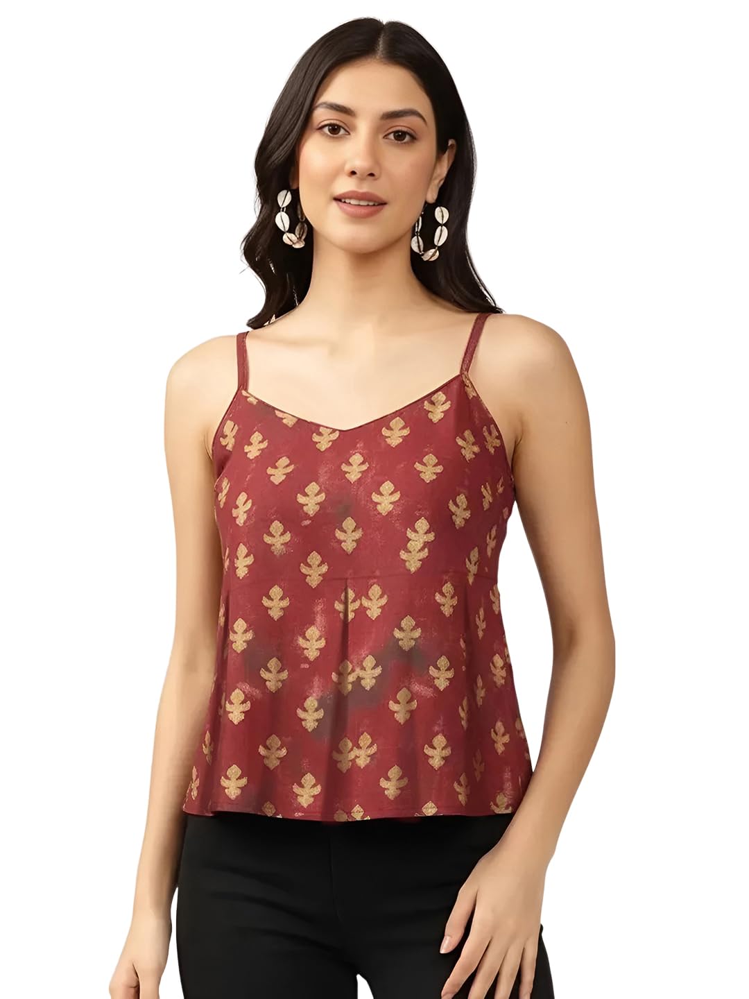 pinkmint Women Pure Cambric Cotton Printed Peplum Top | Sleeveless Spaghetti Strap Summer Casual Top for Women & Girls Maroon-picture-28