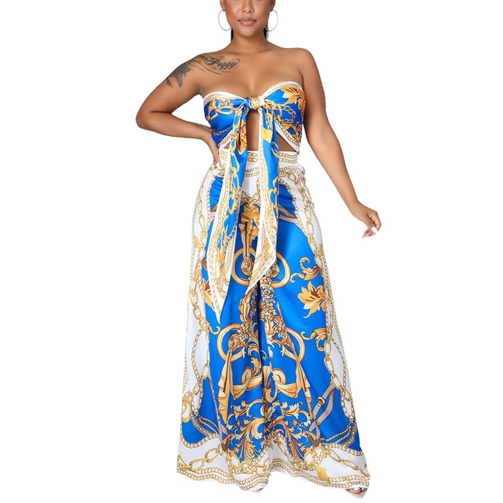 2 Piece Outfits for Women Summer Sleeveless Crop Tops Wide Leg Slit Pants Set Boho Floral Print Vacation Outfits