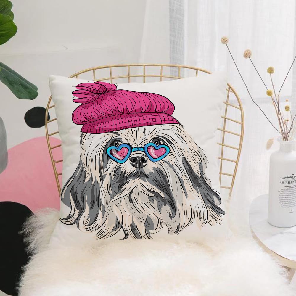 HYOSXW Cushion Cover,Throw Pillow Case Home Decorative for Living Room Bedroom Sofa Chair 16X16 Inch,Indie,Lion Bichon Lowchen Breed Cute Dog with Heart Shaped Glasses and French H,Pillowcase 40X40cm