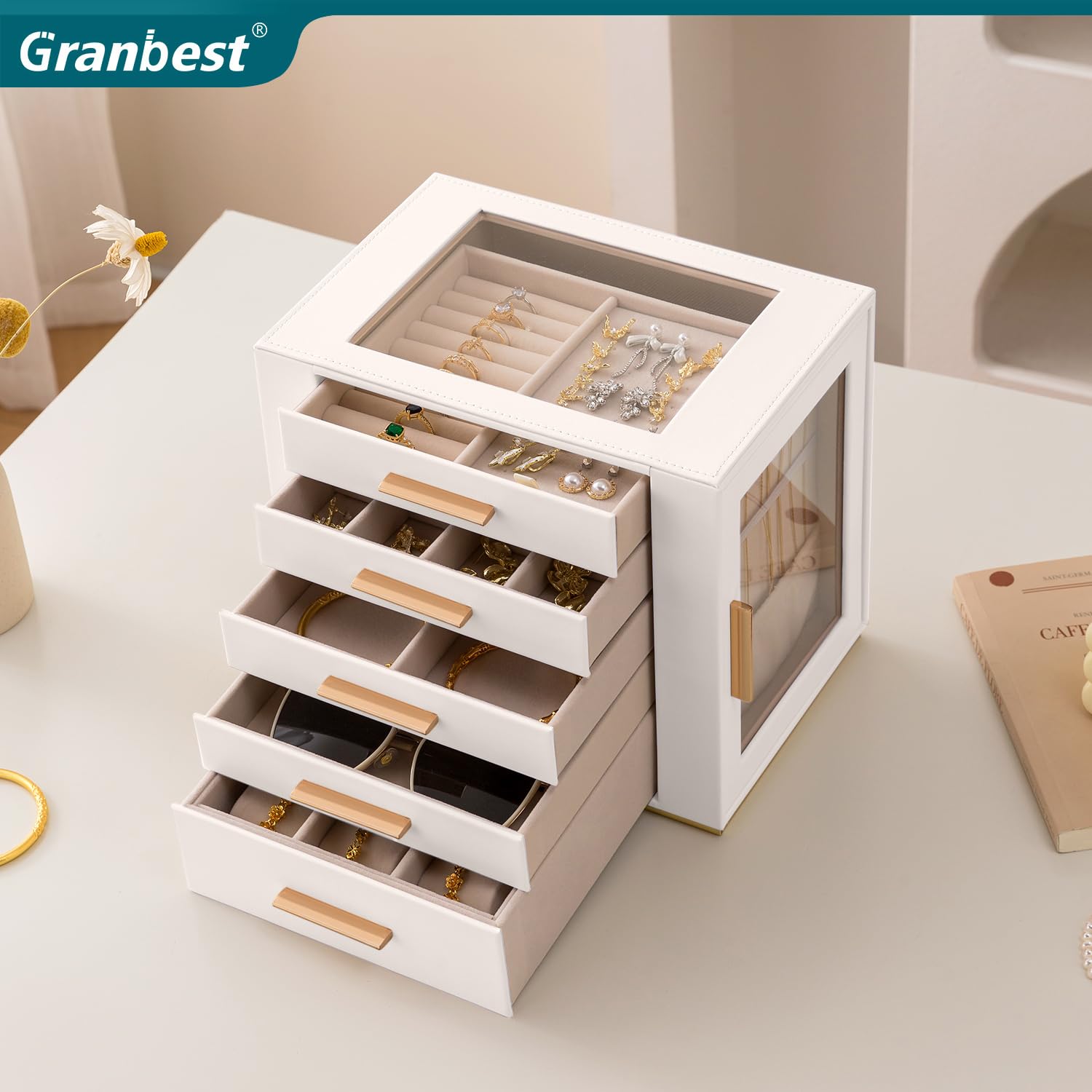 Granbest - Caja de joyería de 5 niveles con tapa de vidrio, organizador de joyas de alta capacidad con cajones y espejo, joyero de PU para collares, pendientes, anillos, pulseras (blanco)