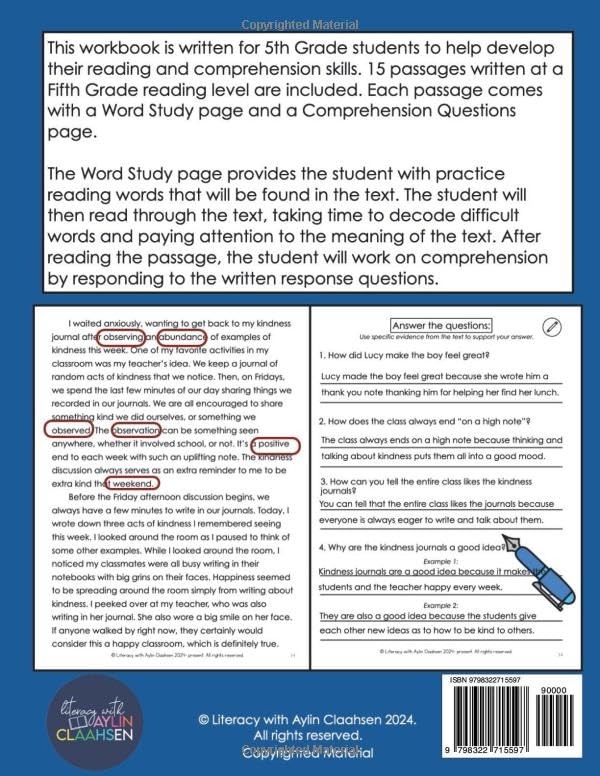 5th Grade Reading Passages with Comprehension Questions Workbook: Fifth Grade Reading Passages with Comprehension Questions, Fiction Reading Comprehension Passages for Grade 5, Ages 10-11 - Image 2