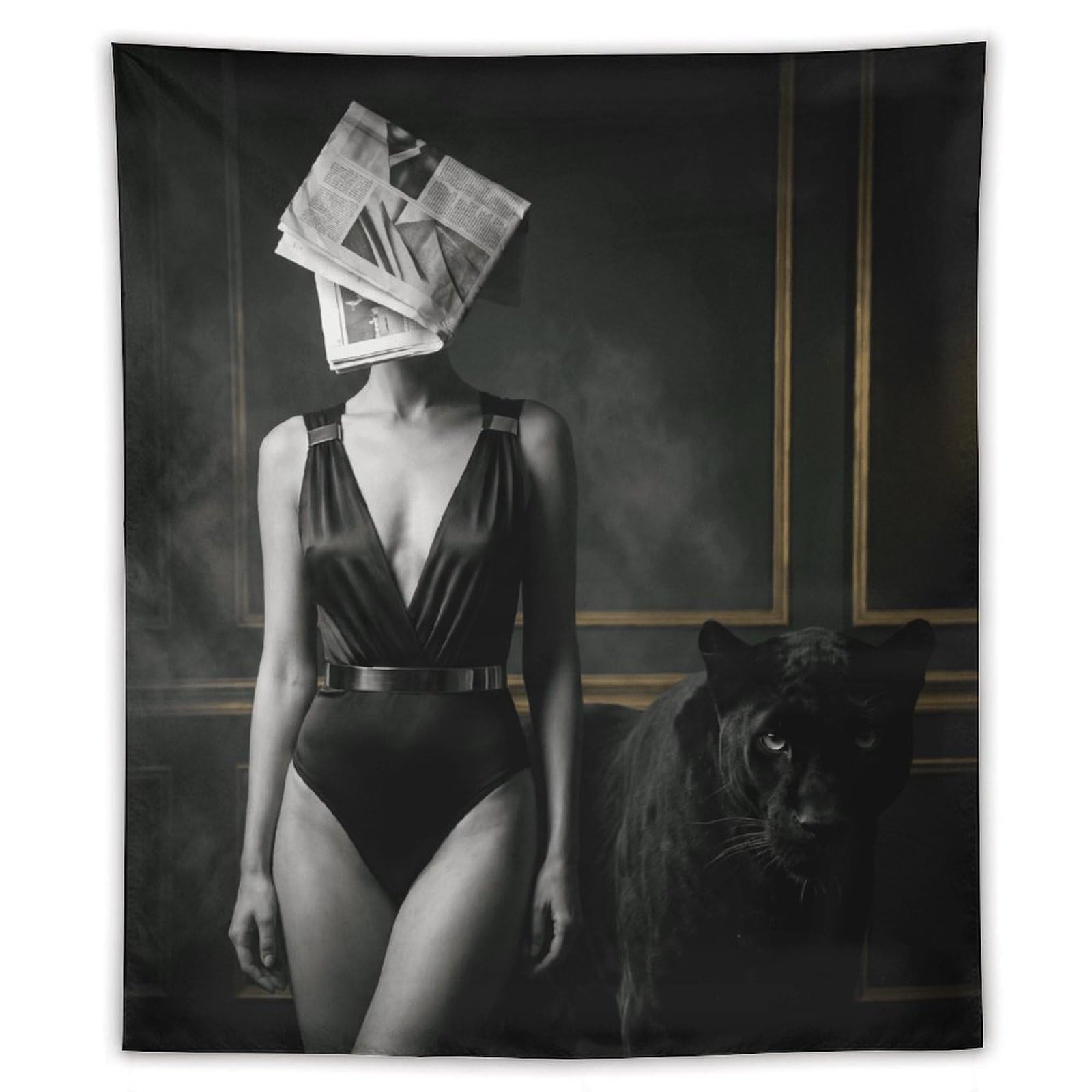 H3B8U2Y5 Newspaper Mask Woman Panther Wall Tapestry, Oil Painting
